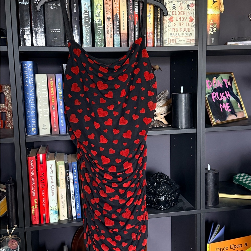 Dolls Kill Black Mini Dress with Red Heart Pattern